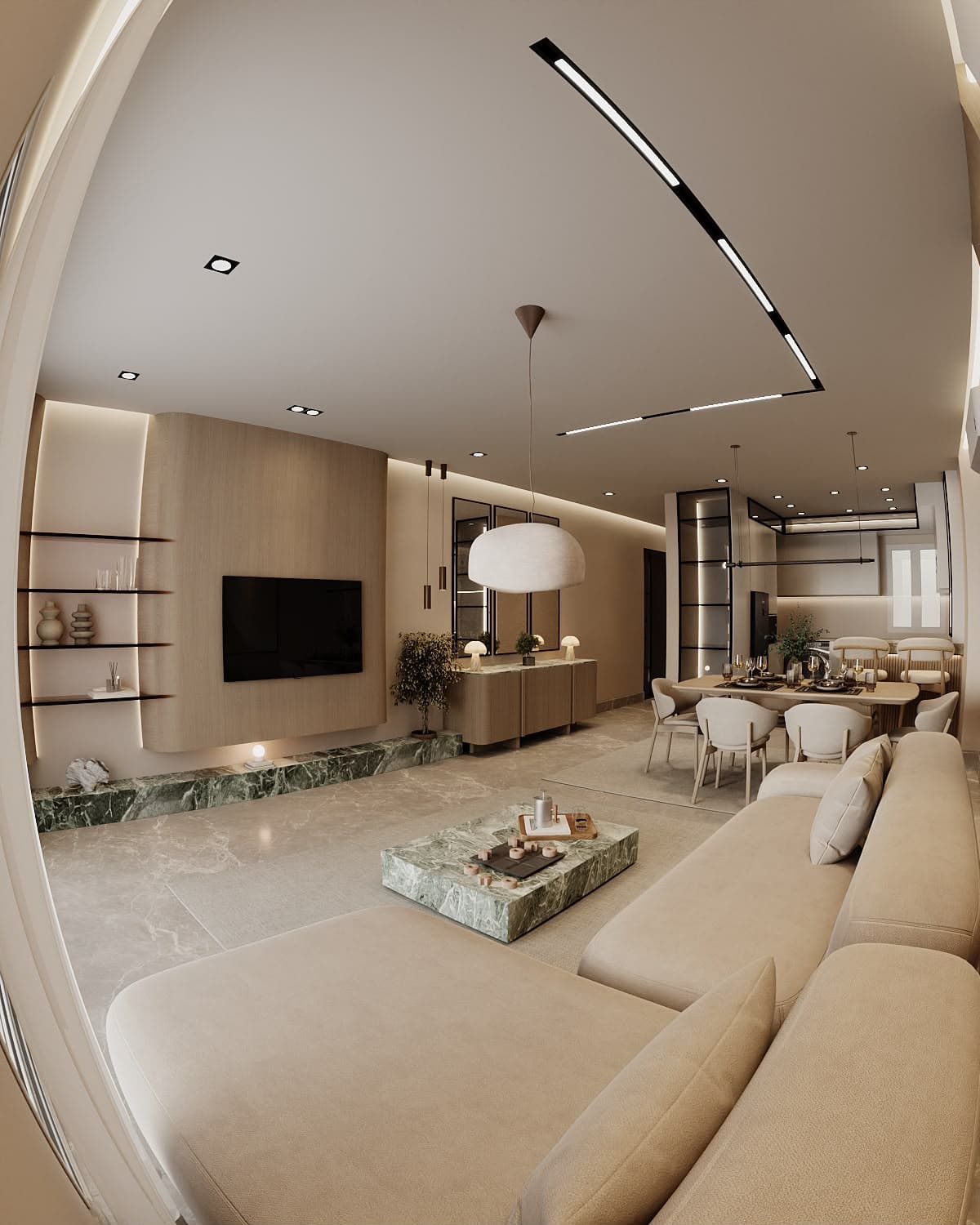 تصميم داخلي معماري مضيء بلمسات حجرية دافئة