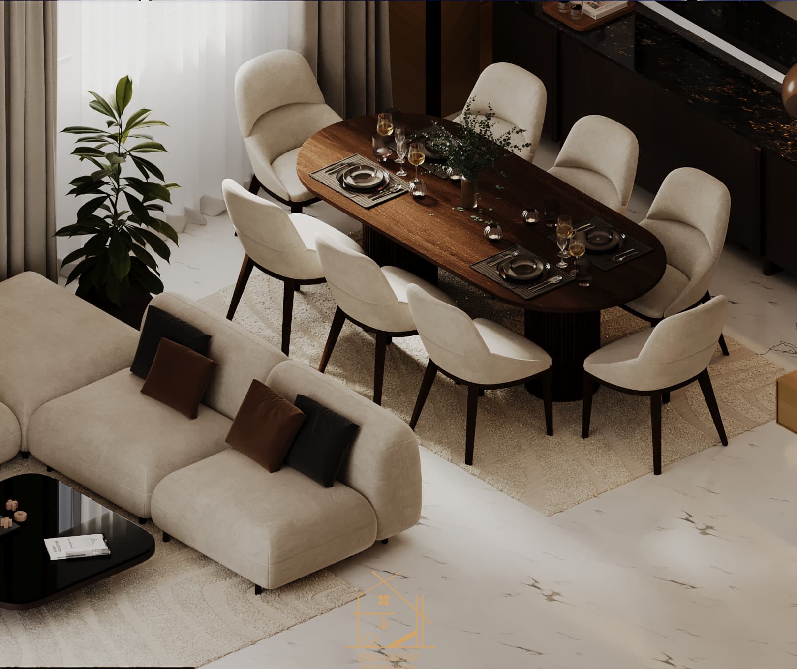 تصميم داخلي معماري مضيء بلمسات حجرية دافئة